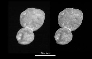 The surface features of Kuiper Belt object Ultima Thule (2014 MU69) are coming into focus in these images taken by NASA's New Horizons spacecraft during its historic flyby on Jan. 1, 2019. These images, released Jan. 2, were taken a day earlier from a dis