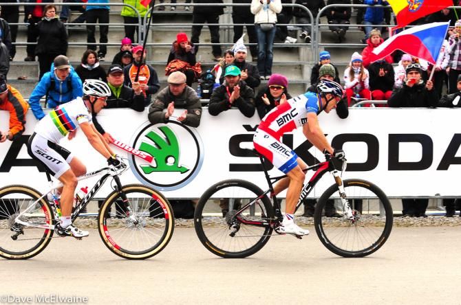 Julien Absalon (BMC) and Nino Schurter (Scott-Odlo) frequently have battled each other while off the front of races