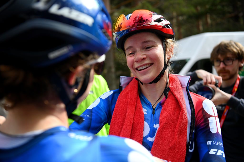 VINUESA SPAIN MAY 03 Stage winner Evita Muzic of France and Team FDJ SUEZ reacts after the 10th La Vuelta Femenina 2024 Stage 6 a 1321km stage from Tarazona to La Laguna Negra Vineuesa 1722m UCIWT on May 03 2024 in Vineuesa Spain Photo by Alex BroadwayGetty Images