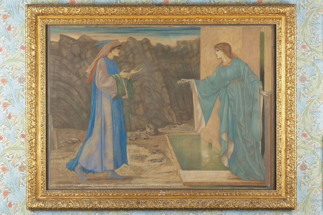 Pastel, black chalk and watercolour, over an earlier cartoon in pencil, on paper, Idleness and the Pilgrim of Love by Sir Edward Coley Burne-Jones (Birmingham 1833 - London 1898), 1876. There is a frame or border drawn to enclose the composition. The male figure of the Pilgrim, dressed in blue, approaches a doorway from the left, against a landscape of boulders, in which stands the female figure of Idleness, holding her hand out, ready to receive him. In front of the building, the gate to the walled garden, below to her right, is a rectangular pool of water. This is an illustration from the story, translated from the french poem by Guillaume de Lorris (d. 1230) and completed by Jean de Meun, by Chaucer of The Garden of Idleness in The Romaunt of the Rose (Romance of the Rose).