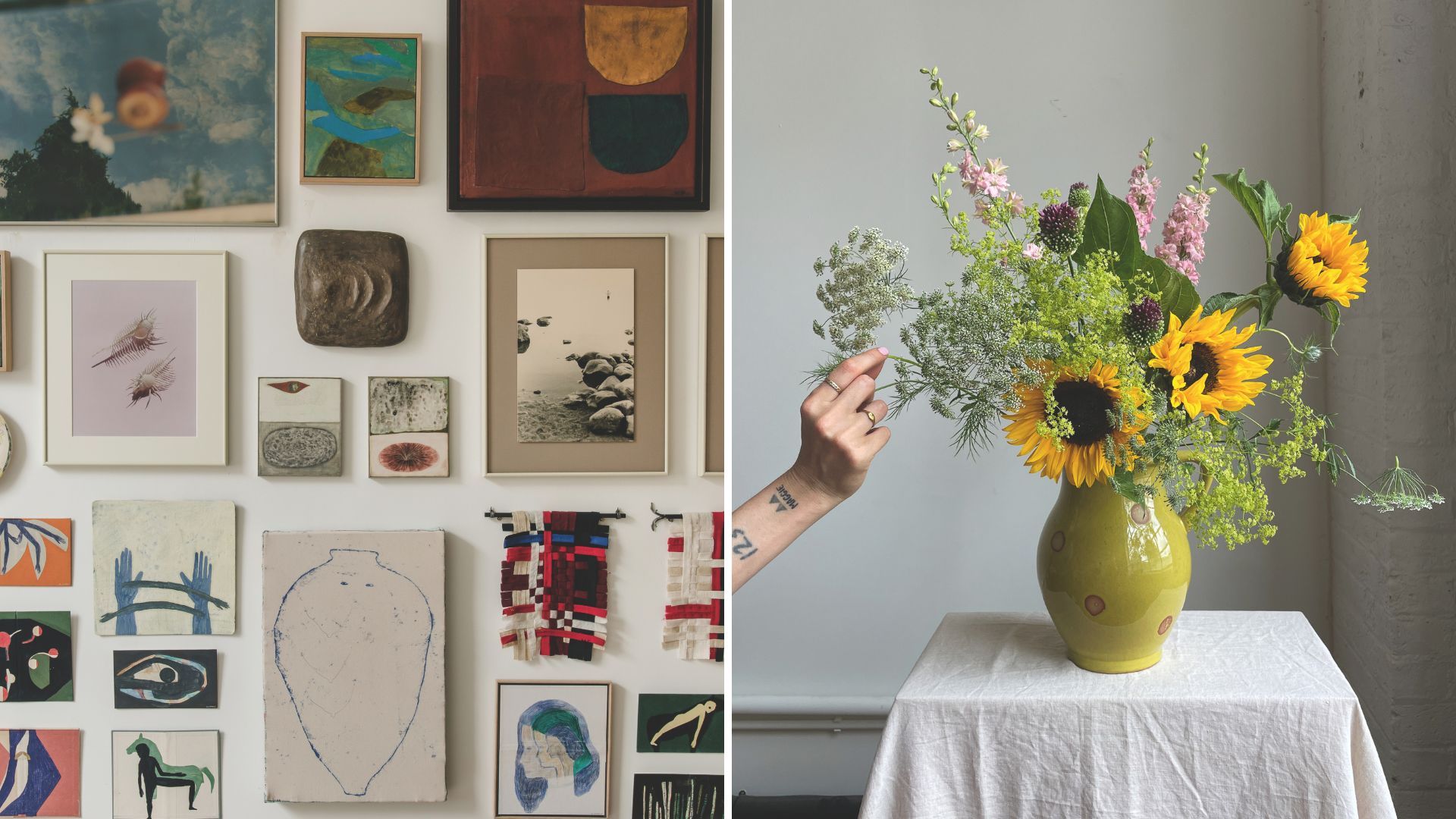 Collage of two images showing a gallery wall on the left and a vase of flowers on the right