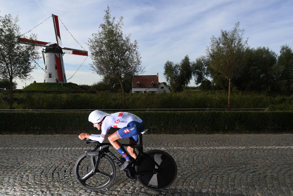 BRUGES BELGIUM SEPTEMBER 21 Finlay Pickering of The United Kingdom sprints during the 94th UCI Road World Championships 2021 Men Junior ITT a 223km Individual Time Trial race from KnokkeHeist to Bruges flanders2021 ITT on September 21 2021 in Bruges Belgium Photo by Tim de WaeleGetty Images