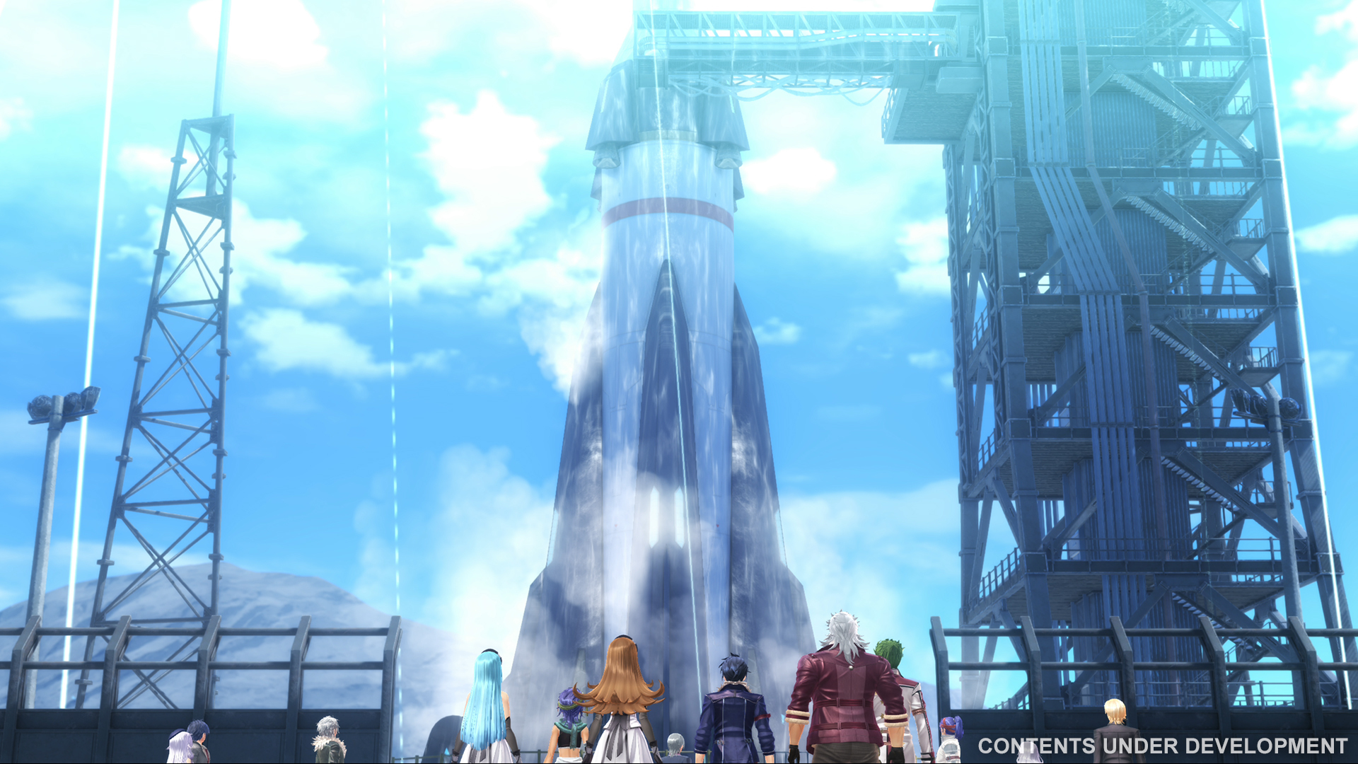 The cast stand in front of a rocket ship in Trails Beyond the Horizon