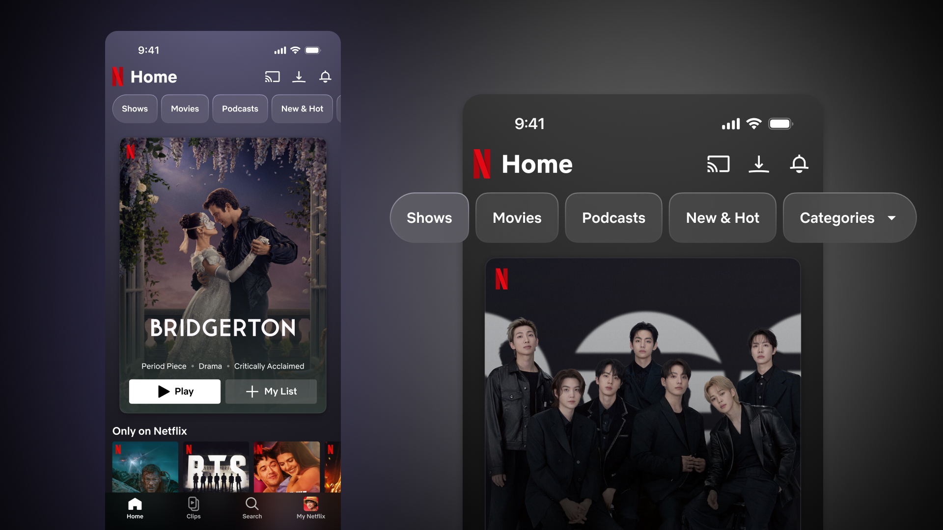 Mobile devices showing the new Netflix vertical feeds and the updated mobile user interface. 