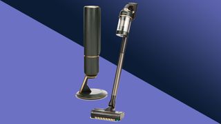 Samsung Bespoke Jet cordless vacuum cleaner and its auto-empty stand on a purple background