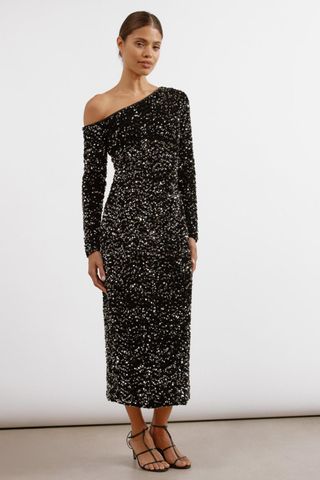 Albaray Velvet Sequin Asymmetric Off Shoulder Dress