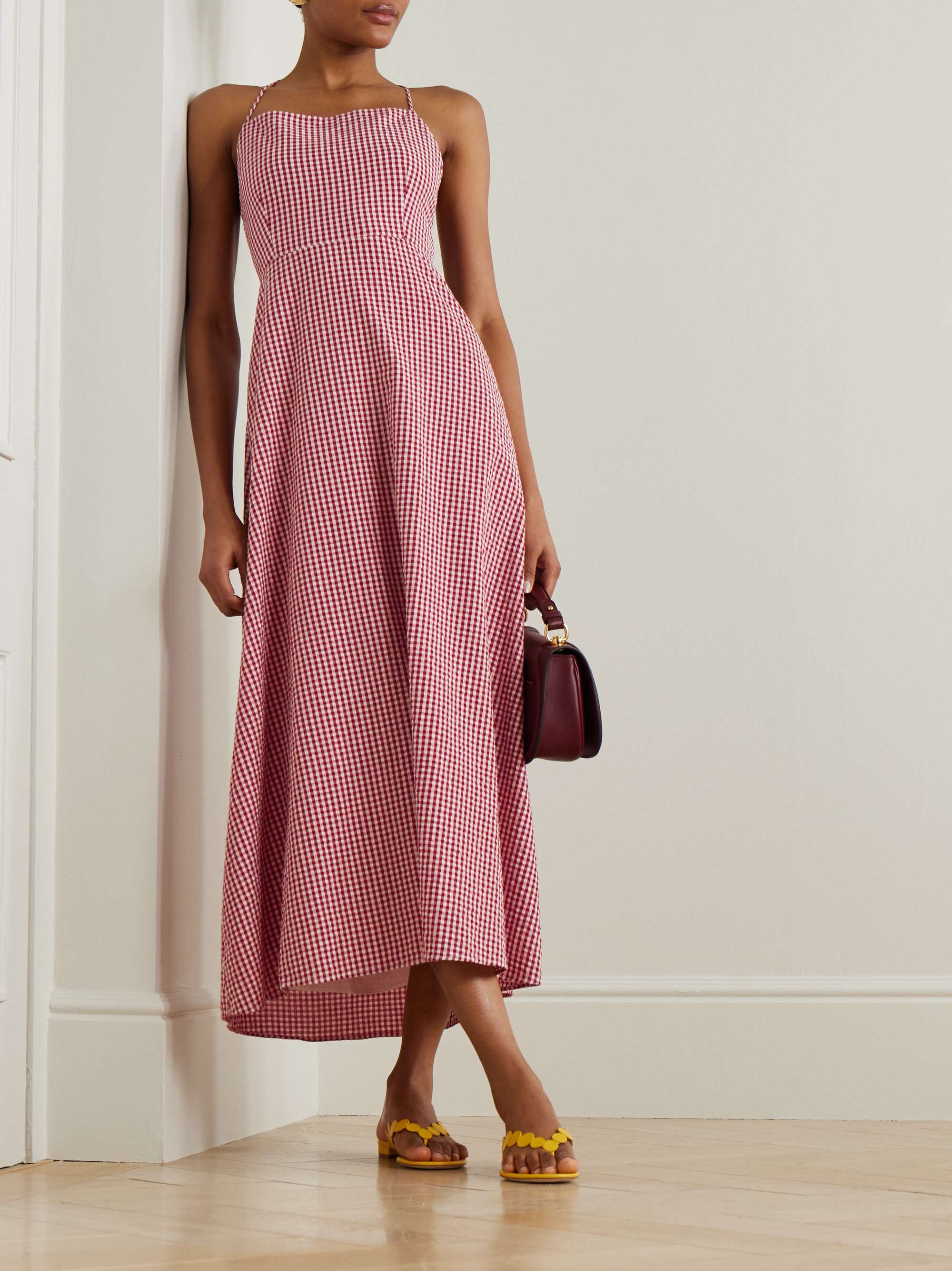 Lori Open-Back Gingham Cotton-Seersucker Maxi Dress