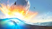 An illustration of an asteroid slamming into a body of water. There is an animal underwater. There are some flying animals in the sky.