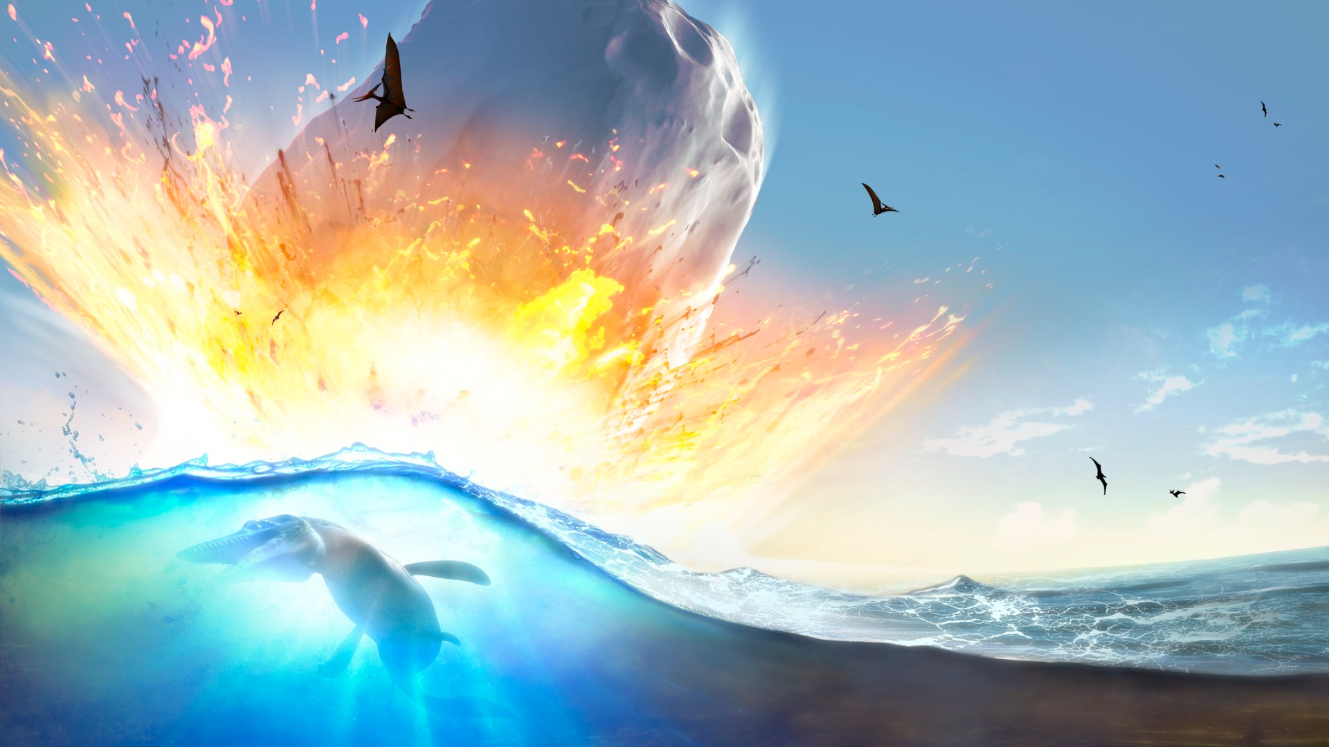 An illustration of an asteroid slamming into a body of water. There is an animal underwater. There are some flying animals in the sky.
