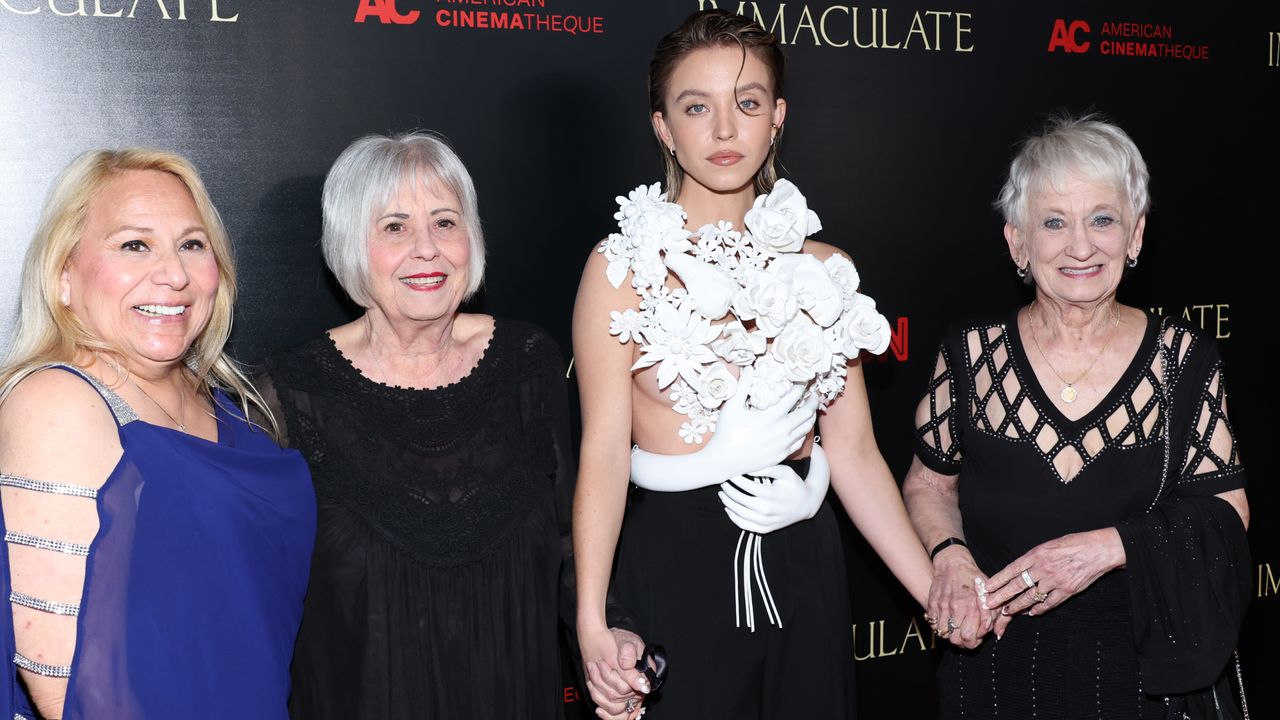 Sydney Sweeney with grandmothers attend the premiere of Neon&#039;s &quot;Immaculate&quot; during Beyond Fest at The Egyptian Theatre Hollywood on March 15, 2024 in Los Angeles, California. 