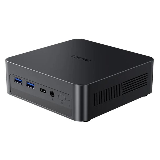 A black Chuwi mini-computer with multiple front-facing ports and side ventilation.