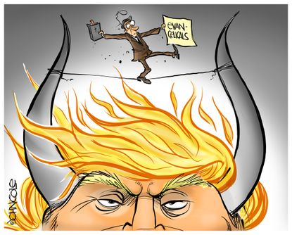 Political cartoon U.S. Trump evangelical vote moral balance