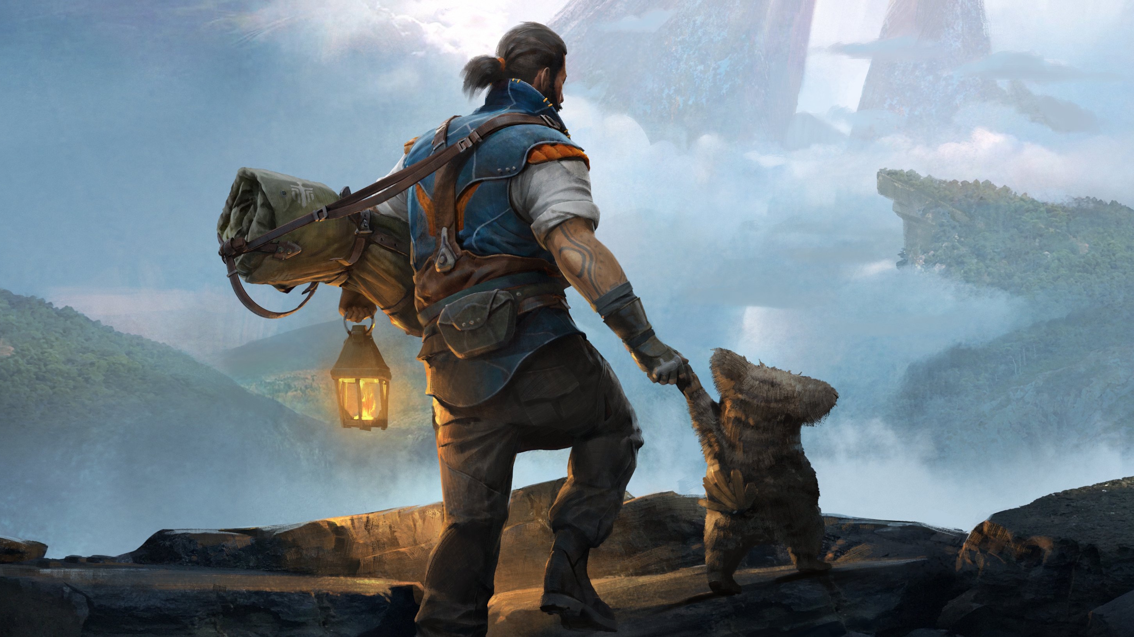 Highguard farewell image - man walking away from the camera, holding hands with a teddy bear