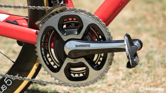 A 175mm crank length isn't the norm for a 1.8m rider racing road, but McConnell's preference for the longer cranks comes from his background in mountain biking