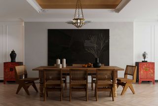 a dining room with a symmetrical layout