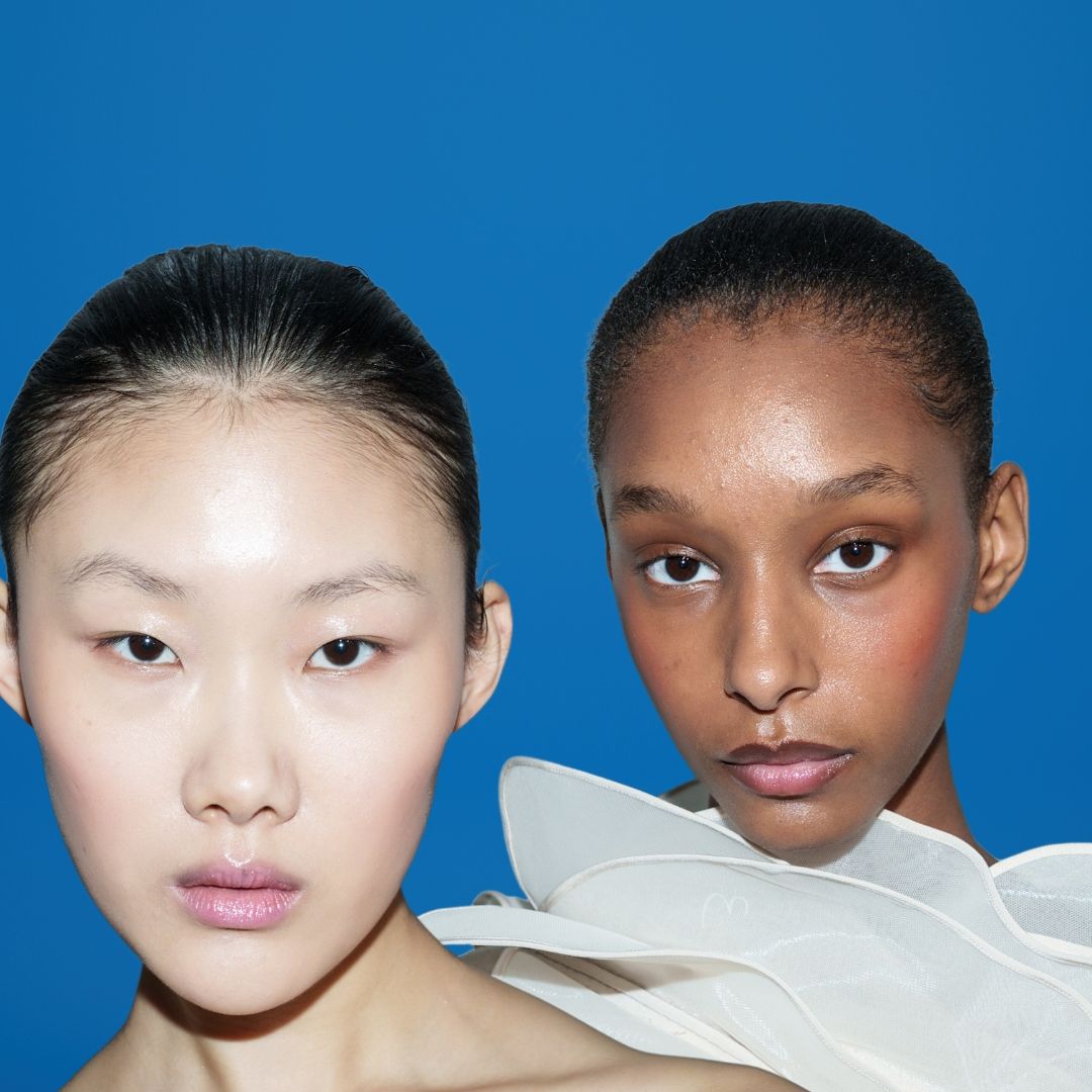 collage of woman with hydrated skin on a blue background