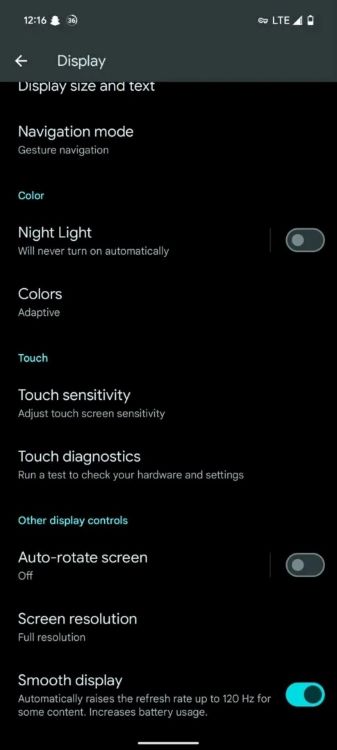 Adaptive touch option in the Pixel 9's display settings