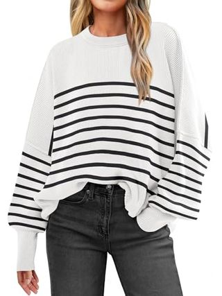 Anrabess Womens Oversized Sweaters Fall 2024 Fashion Crewneck Batwing Long Sleeve Side Slit Knit Pullover Sweater Tops Stripe Black-M