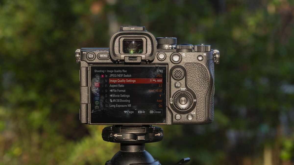 Rear of the Sony A7R VI camera with tis LCD screen on, it's mounted to a tripod outdoors, there's a natural background
