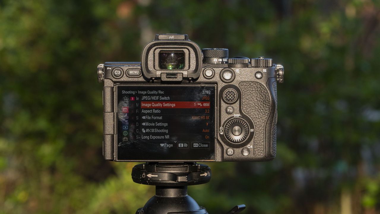 Rear of the Sony A7R VI camera with tis LCD screen on, it's mounted to a tripod outdoors, there's a natural background