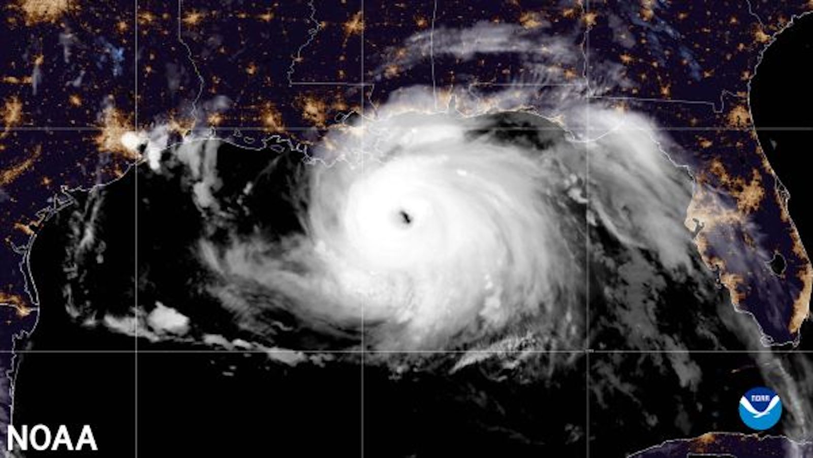A visible satellite image of Hurricane Ida approaching land in the Gulf of Mexico, taken by NOAA's GOES-16 (GOES East) satellite at 4:10 a.m. EDT on August 29, 2021.