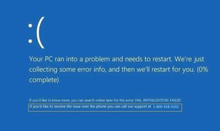 The real Blue Screen of Death doesn't include a phone number. Credit: Microsoft
