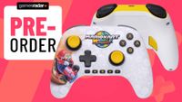 Image of the PowerA Mario Kart World Switch 2 controller sitting on a pink GamesRadar+ background.