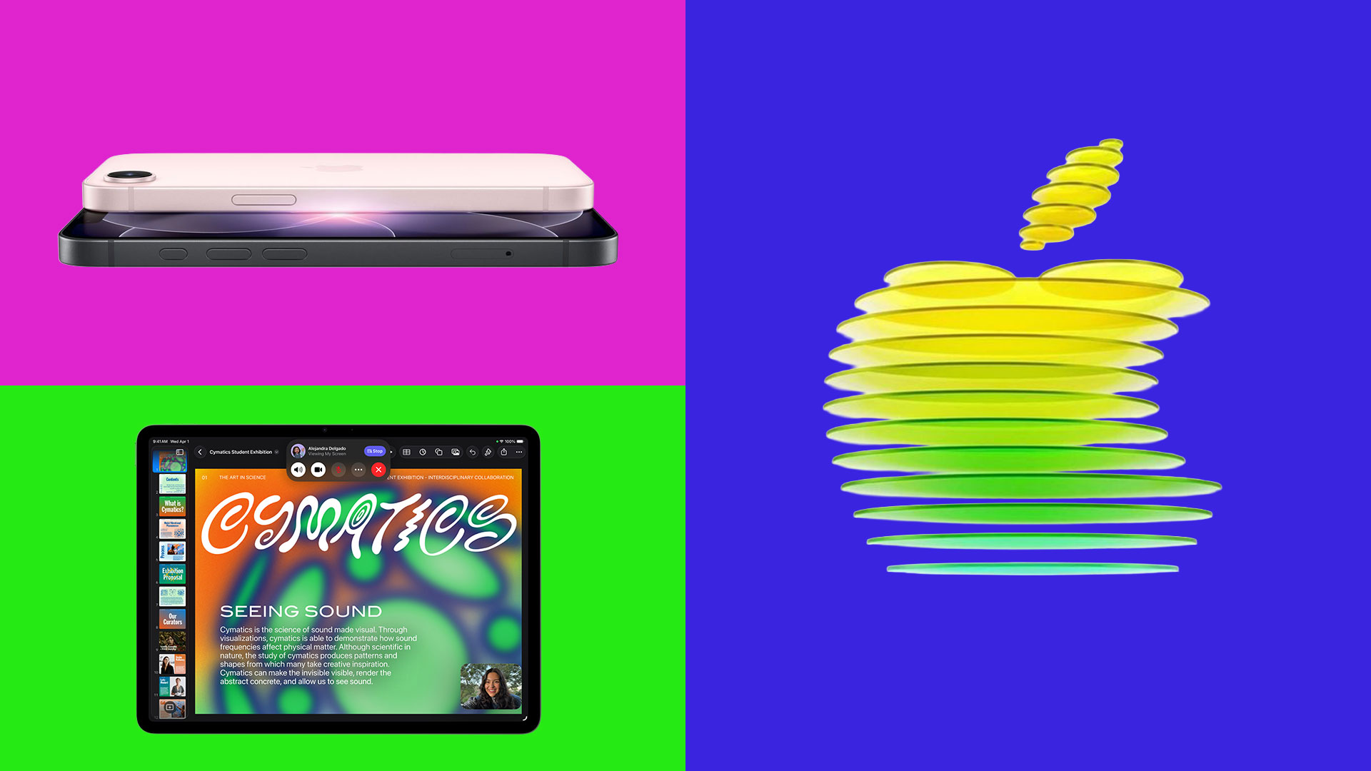 an iPhone, iPad and an apple logo on a brightly coloured background