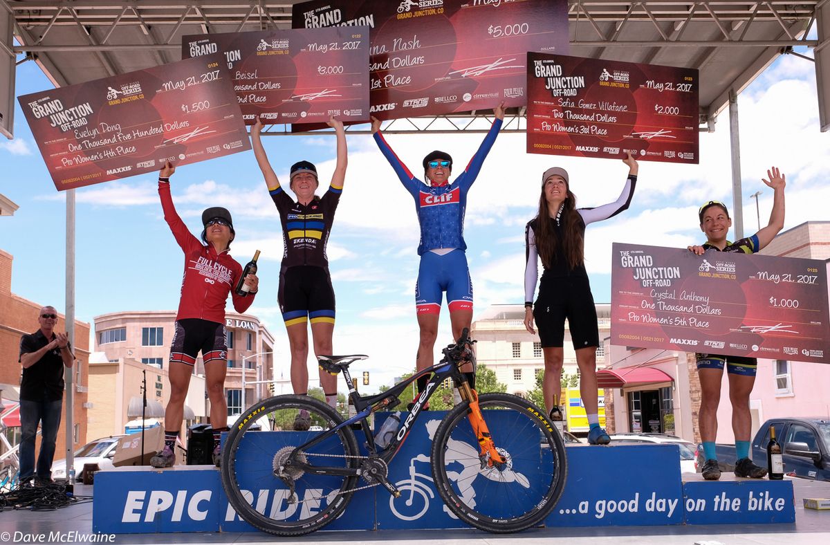 Women&rsquo;s Podium (L to R) Evelyn Dong (Full Cycle) 4th, Amy Beisel (Pro Cyling) 2nd, Katerina Nash (Clif Bar) 1st, Sofia Gomez Villafane (Assos) 3rd, Crystal Anthony (Riverside) 5th