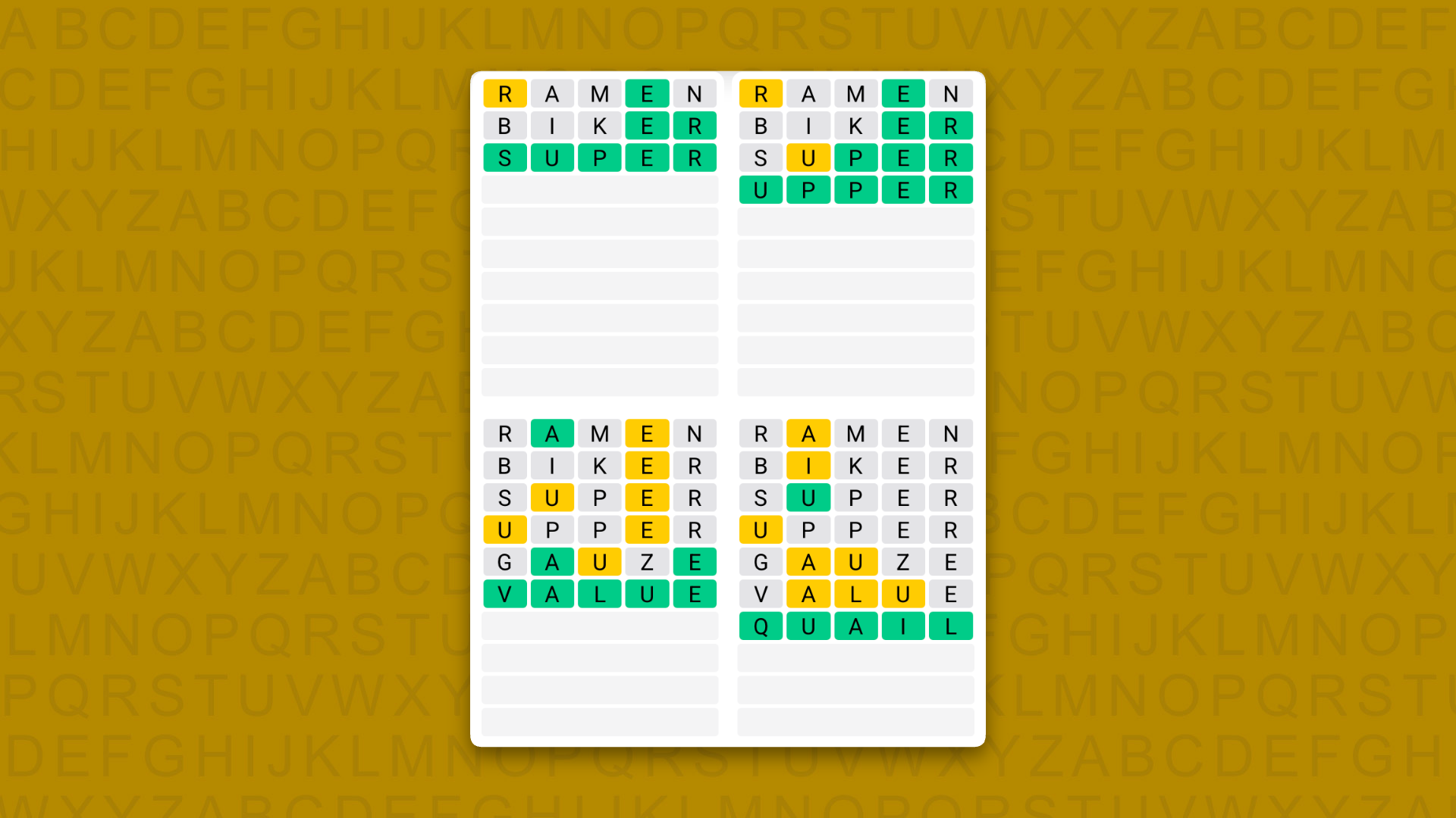 Quordle Daily Sequence answers for game 1731 on a yellow background