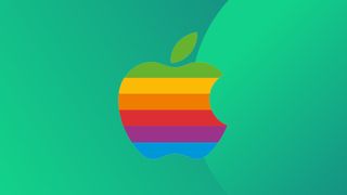 The colour Apple logo on a green background. 