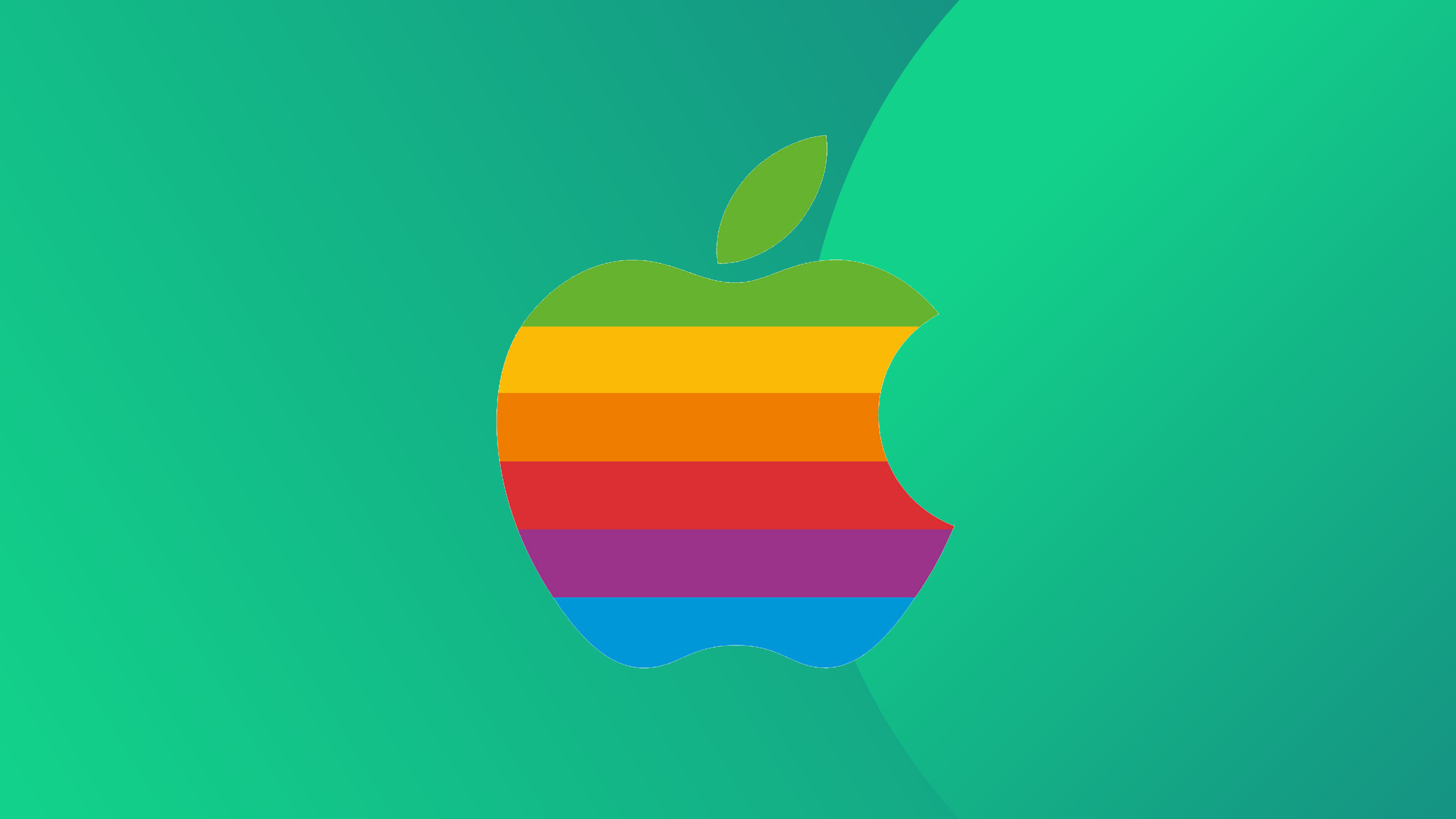 The colour Apple logo on a green background. 
