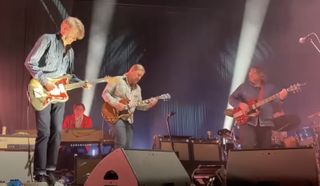 (from left) Nels Cline, Derek Trucks and Jeff Tweedy perform onstage with Wilco at the St. Augustine Amphitheatre in St. Augustine, Florida on April 19, 2023