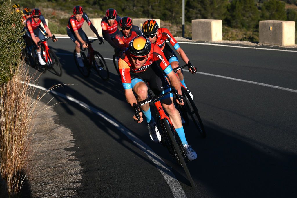 ALTO DE PINOS SPAIN FEBRUARY 02 Matej Mohori of Slovenia and Team Bahrain Victorious leads the peloton during the 74th Volta a la Comunitat Valenciana 2023 Stage 2 a 1782km stage from Novelda to Alto de Pinos 621m VCV2023 VoltaValenciana on February 02 2023 in Alto de Pinos Spain Photo by Dario BelingheriGetty Images