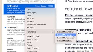 A context menu in the Mail app in macOS Ventura showing options to remind the user about the email at a later time.