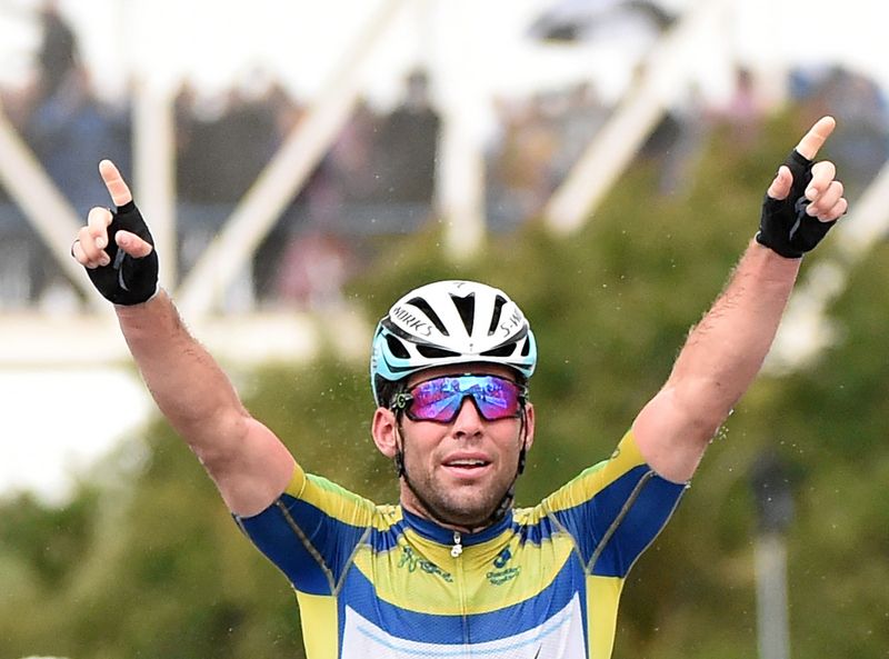 Mark Cavendish (Etixx-Quick Step) celebrates stage 5 victory