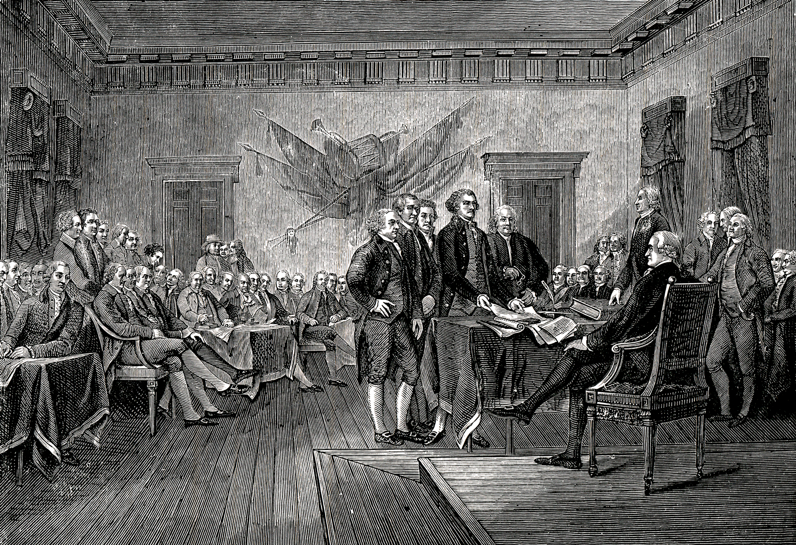 Engraving From 1882 Of The Signing Of The Declaration Of Independence By The American Founding Fathers.