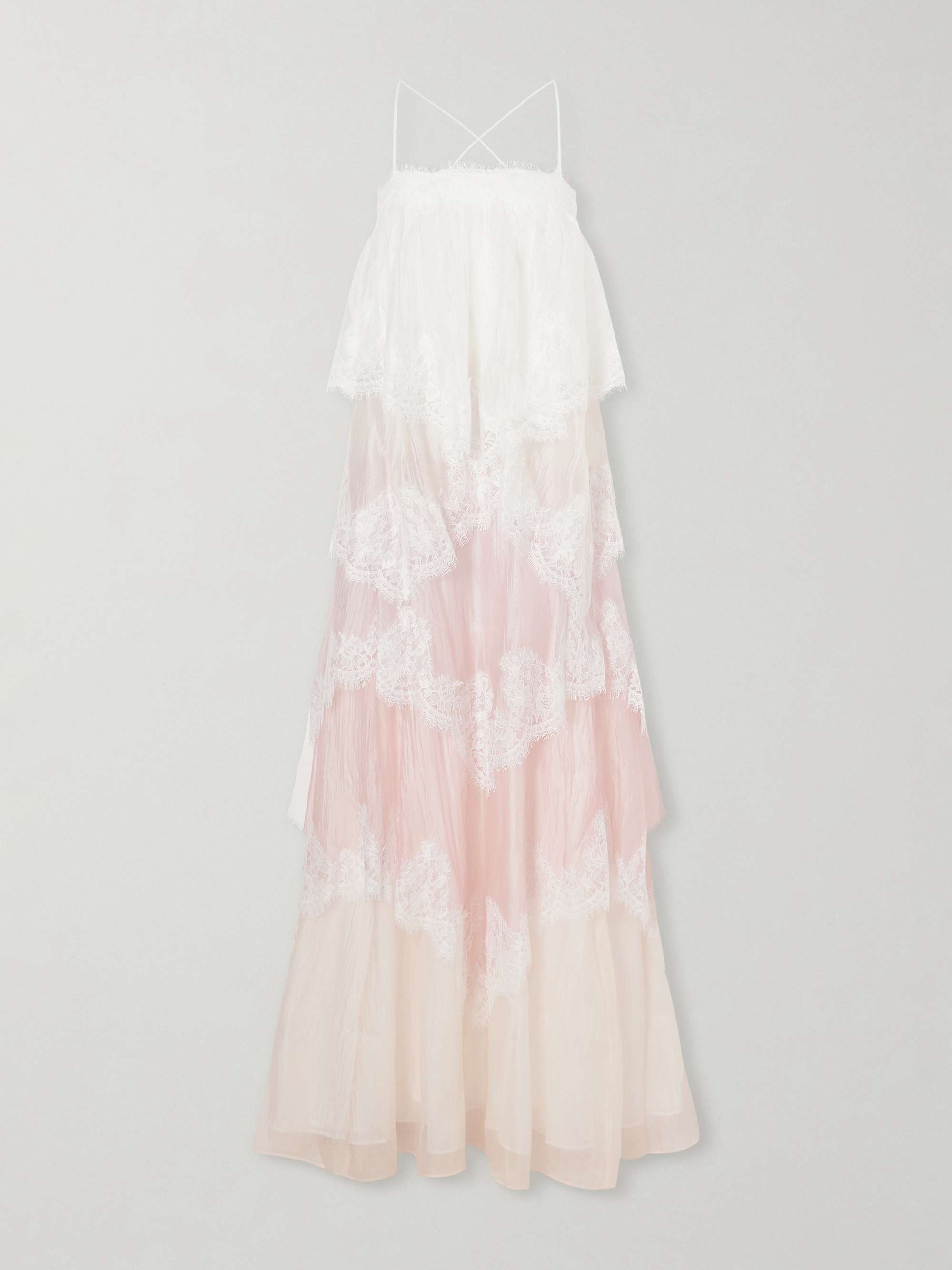 Ophelia Lace-Trimmed Ruffled Chiffon Gown