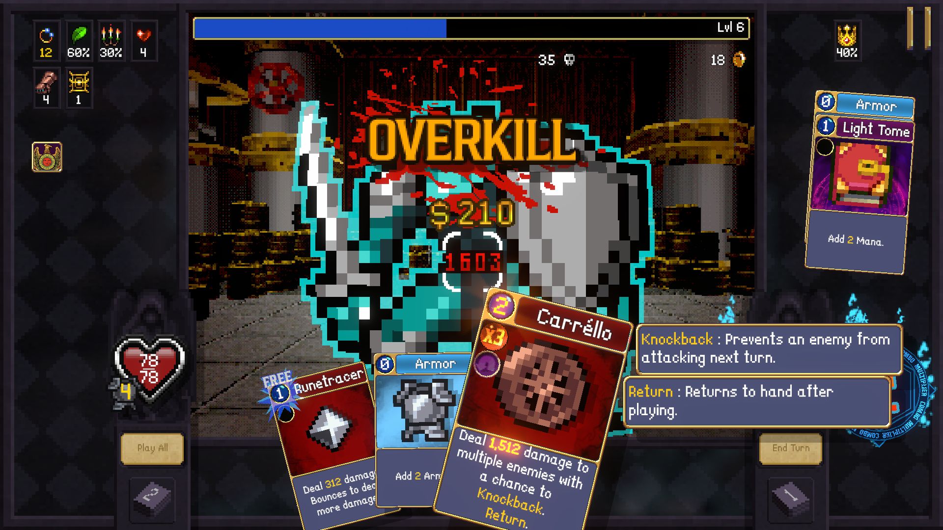 Pixelated video game screen depicting an intense battle scene. A large, robotic enemy is hit with 1603 damage, displaying 'OVERKILL' in bold. 