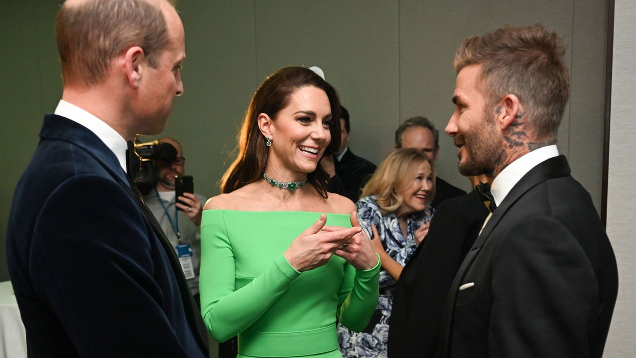 Prince William, Prince of Wales, Catherine, Princess of Wales and David Beckham speak backstage after The Earthshot Prize 2022 at MGM Music Hall at Fenway on December 02, 2022 in Boston, Massachusetts. The Prince and Princess of Wales are visiting the coastal city of Boston to attend the second annual Earthshot Prize Awards Ceremony, an event which celebrates those whose work is helping to repair the planet. During their trip, which will last for three days, the royal couple will learn about the environmental challenges Boston faces as well as meeting those who are combating the effects of climate change in the area