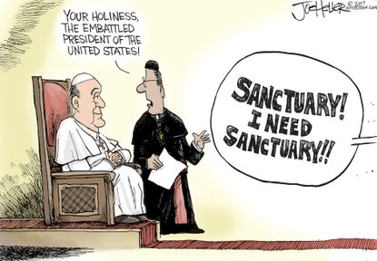 Political cartoon U.S. Trump abroad Pope Francis sanctuary cities