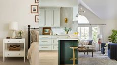 three rooms: white bedroom, kitchen with off-white cabinets and dark green island, white living room with sloped ceilings