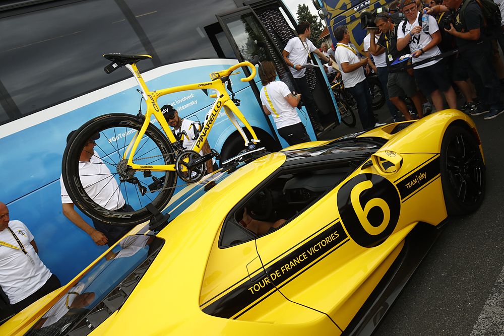 Fausto Pinarello and Ford GT before the start of stage 21 at the 2018 Tour de France