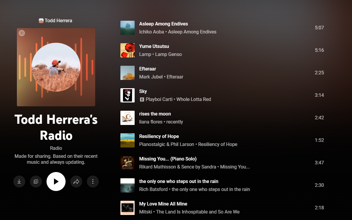 Youtube music shareable personal radio feature