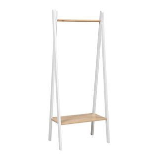 White and wooden clothes rack