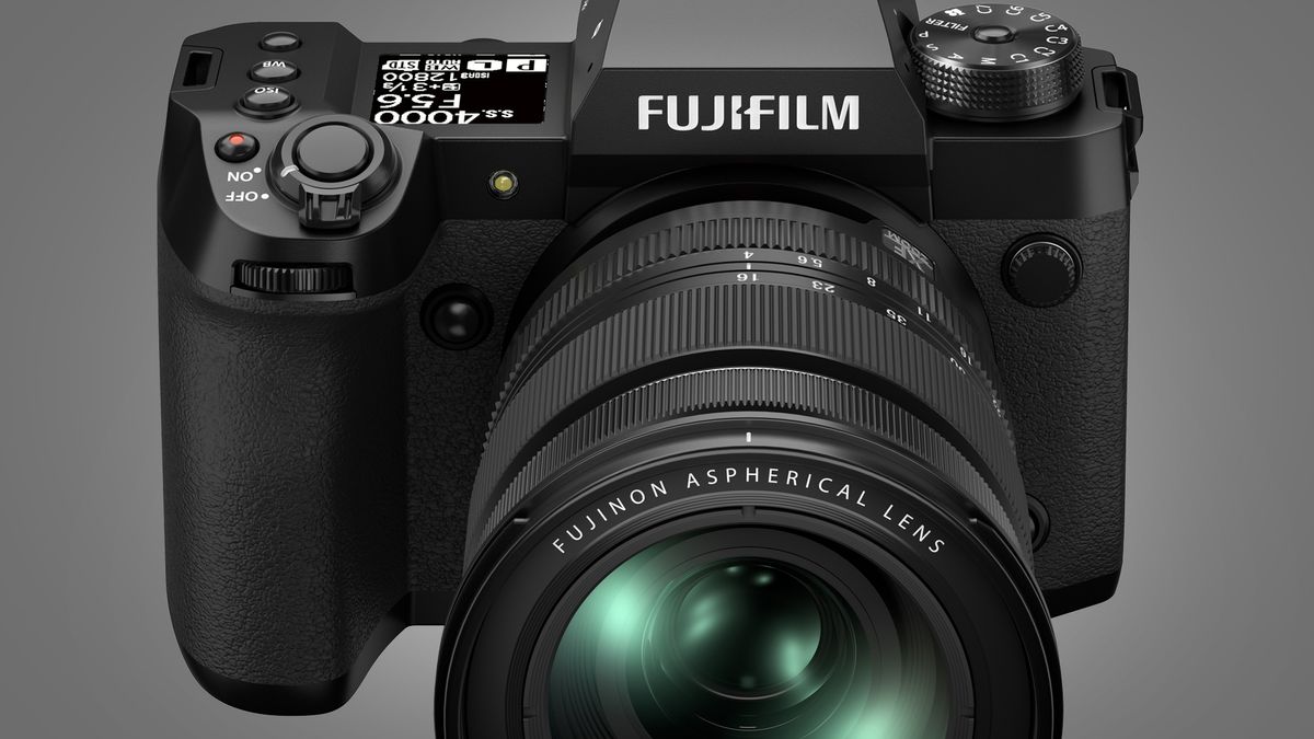 The Fujifilm X-H2S camera on a grey background