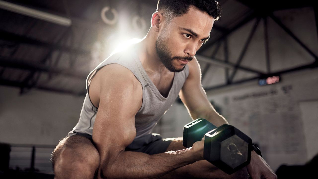 An athletic man performing concentration bicep curls