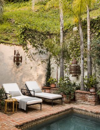 backyard with potted plants and sun loungers by Joshua Smith Inc