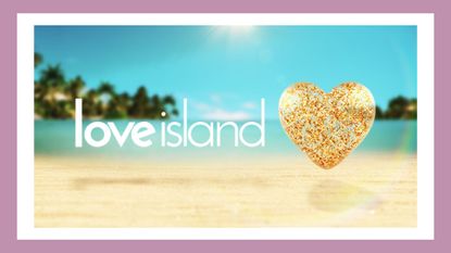 The Love Island logo on a beach backdrop, in a purple template
