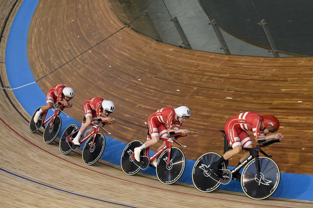 Danish teams members Tobias Hansen CarlFrederik Bevort Rasmus Pedersen and Robin Skivild compete in the mens Team Pursuit qualifying during the UCI Track Cycling World Championships at JeanStablinski velodrome in Roubaix northern France on October 20 2021 Photo by FRANCOIS LO PRESTI AFP Photo by FRANCOIS LO PRESTIAFP via Getty Images